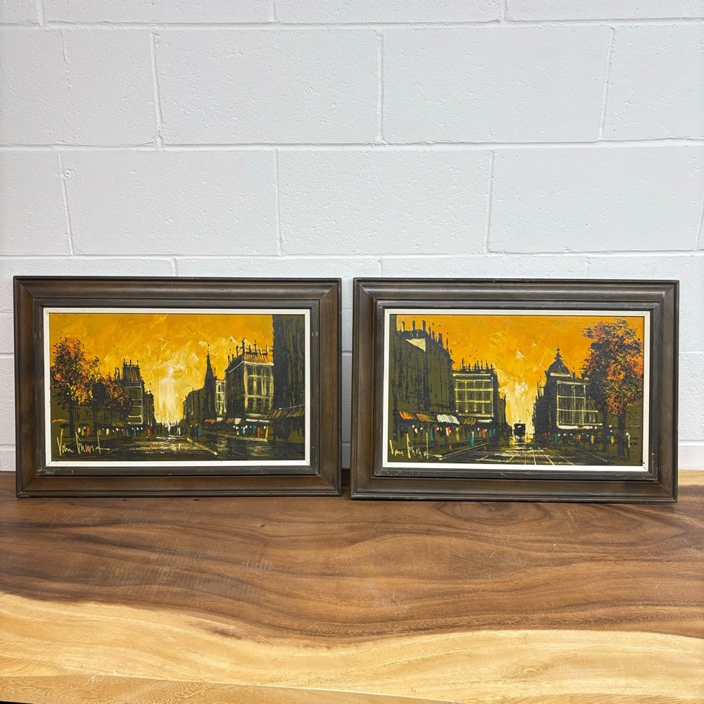 Pair of Original Mid Century Modern Cityscape Paintings by Van Gaard Studios